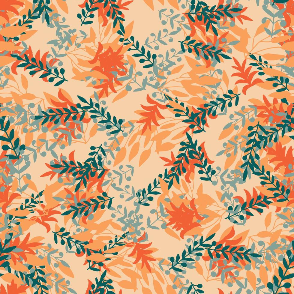 Abstract colorful doodle seamless pattern with leaves, plants, branches. Messy fantasy floral background. vector