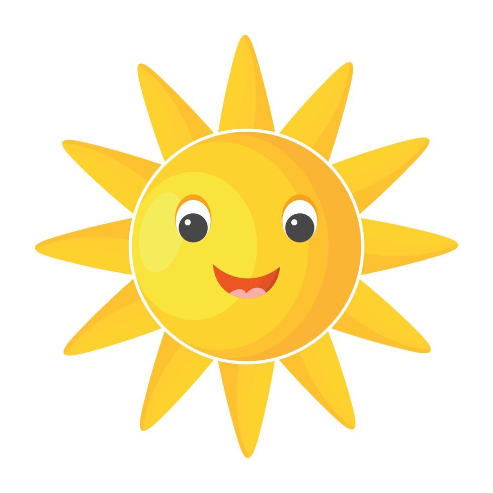 Cute cartoon happy sun with face isolated on white background. Summer shadowed clip art sunshine icon in kid's style. Sunny weather symbol. vector