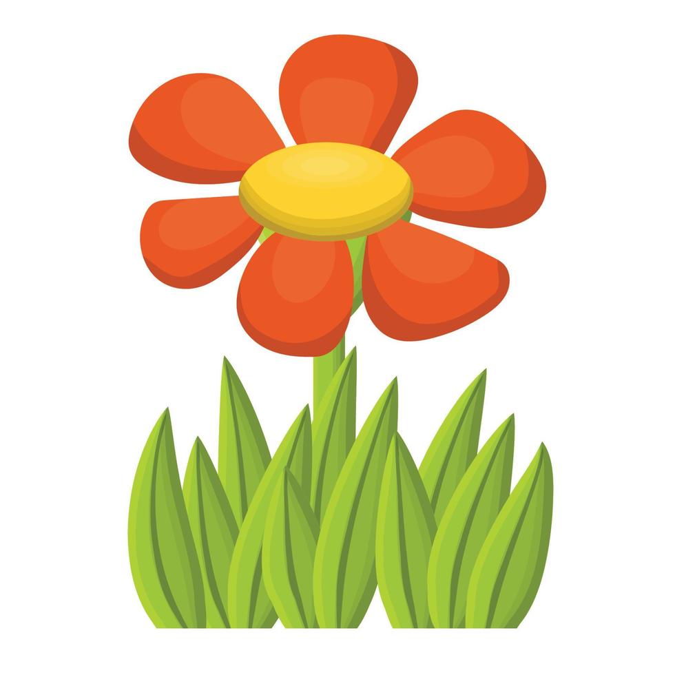 Cute cartoon red flower with grass in kid's flat style isolated on white background. Summer daisy flower. vector