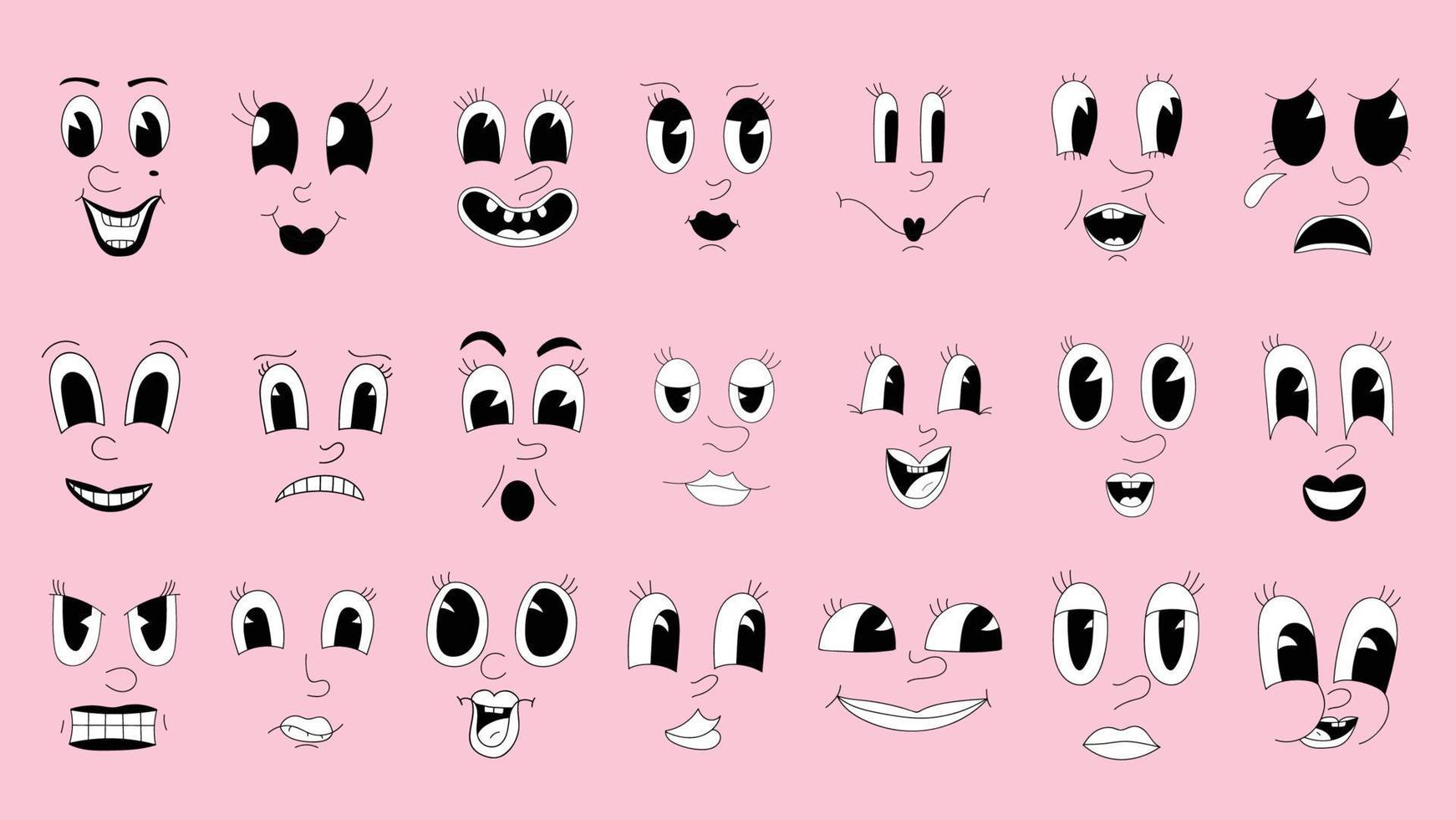 Cute 30s retro cartoons, female characters, funny faces. Elements of the eyes and mouth of the old animation of the 50s, 60s. Set of vintage comic smile woman. Emoticon cartoons with happy, angry vector