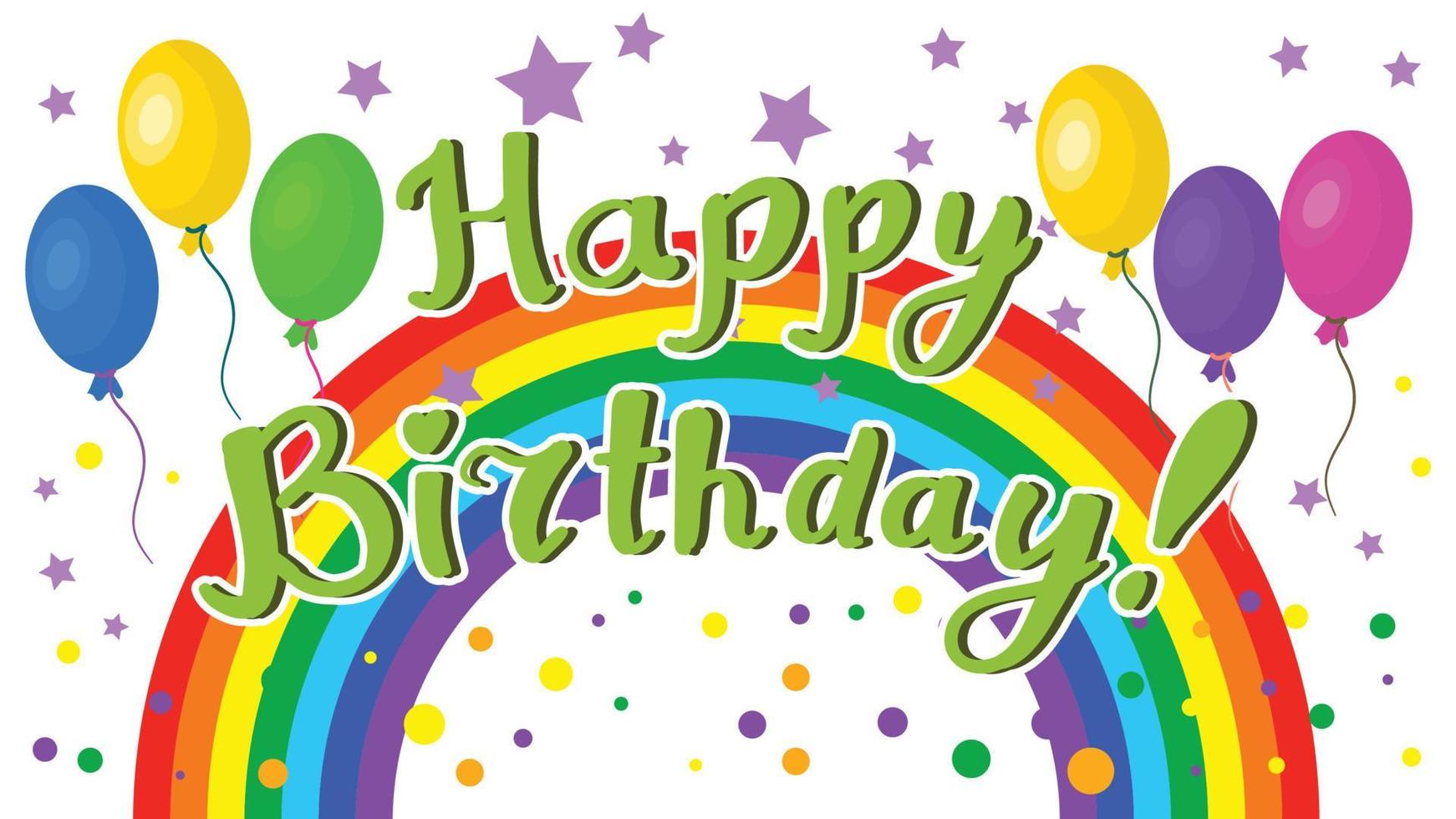 Cute Happy Birthday greeting card with lettering, balloons and rainbow isolated on white background. vector