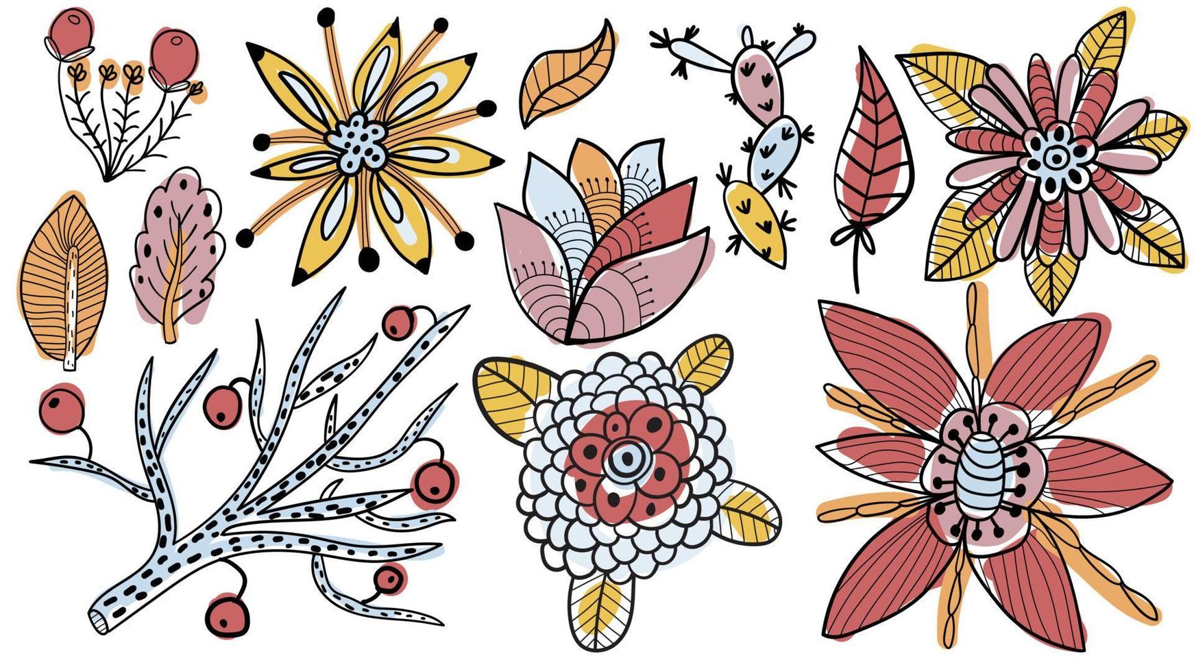 Cute hand drawn doodle collection of floral elements. Set of fantasy freehand flowers, leaves, petals, branch with berries isolated on white background. vector