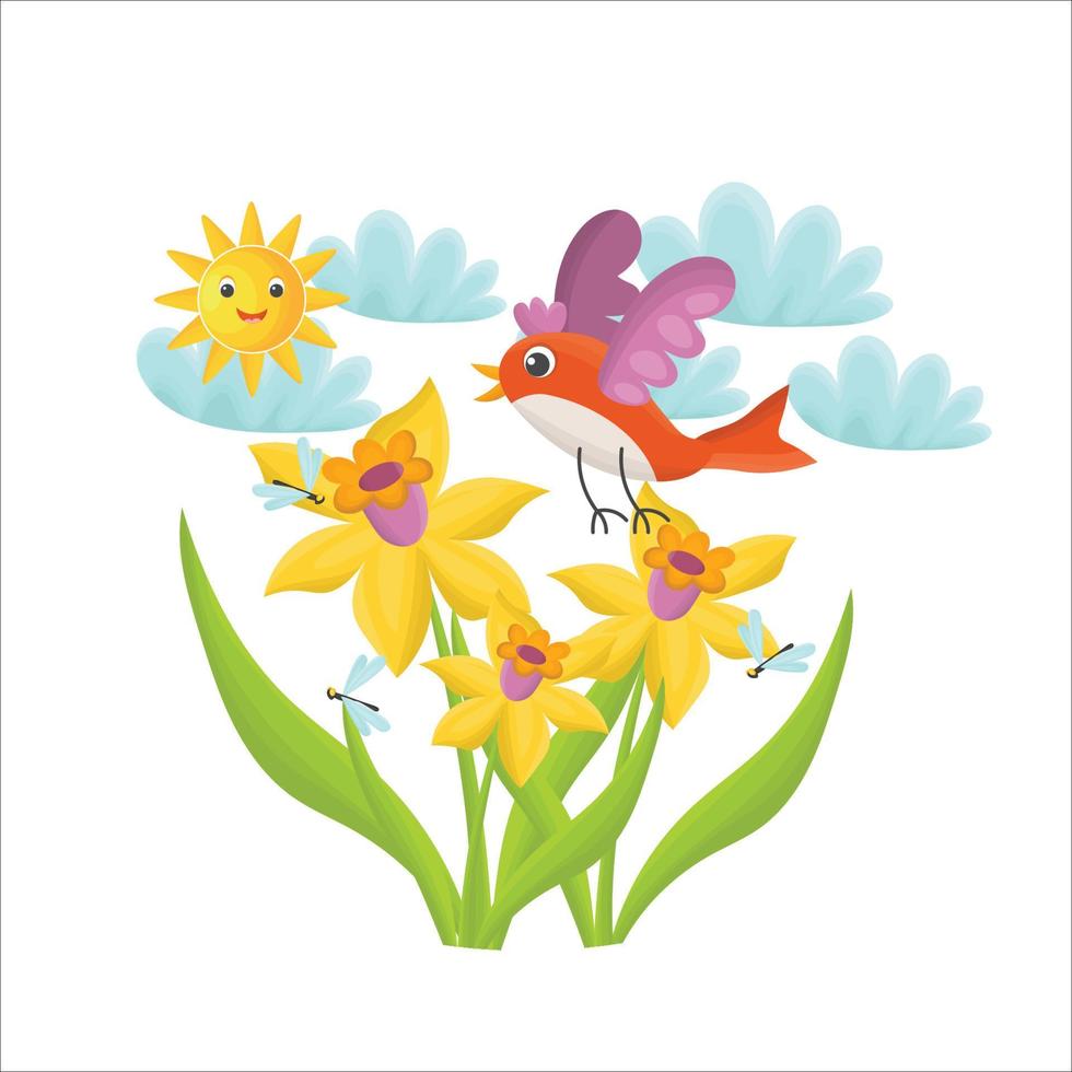 linda escena soleada con pájaro volando bajo narcisos. concepto de primavera. estilo de dibujos animados plana. sol, nubes, clima de verano. vector