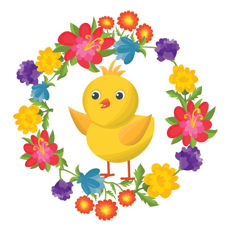 lindo pollito de dibujos animados en la corona de flores aislado sobre fondo blanco. feliz tarjeta de felicitación de Pascua. concepto de primavera. vector