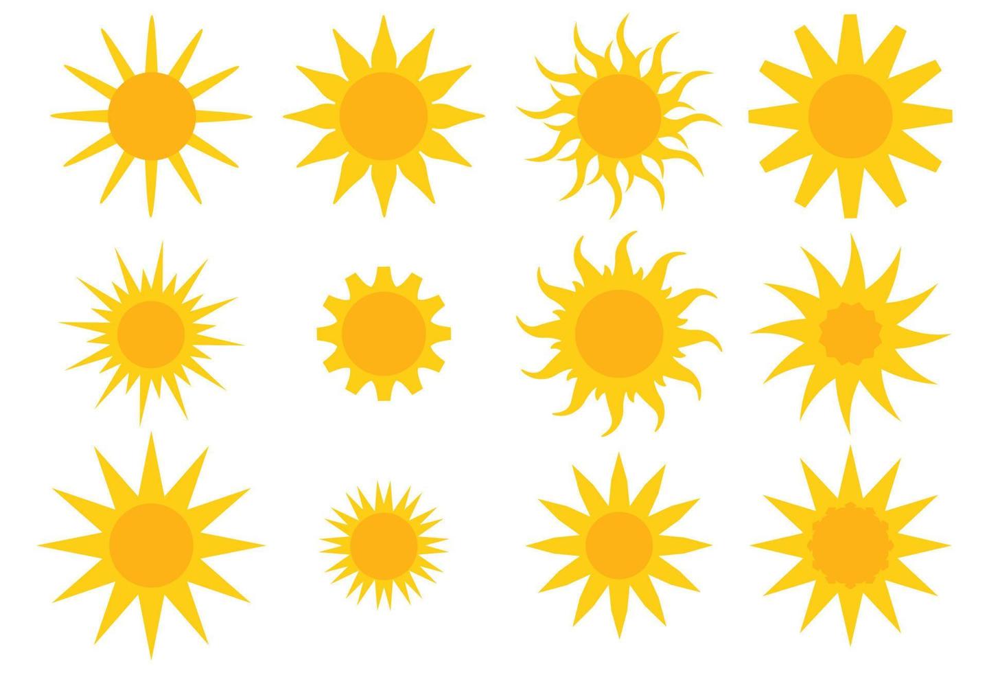 Big collection of yellow geometric flat style sun icons, symbols isolated on white background. Sunlight stickers set. vector