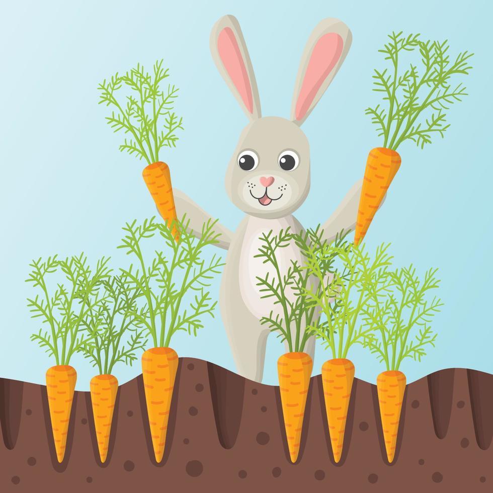 lindo conejo feliz de dibujos animados, conejito o liebre cosechando zanahorias del suelo. estilo plano para niños. Felices Pascuas. vector