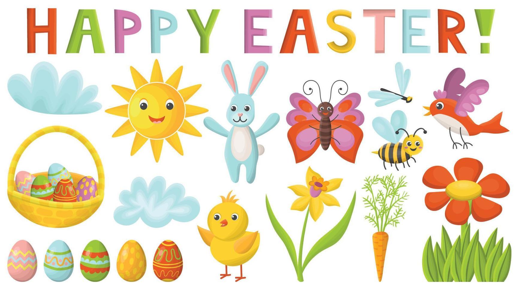 Cute big set of Happy Easter elements in kid's cartoon flat style isolated on white background. Ornamental eggs, basket with eggs, blue rabbit, butterfly, bird, Narcissus, flower, sun, chick, bee vector