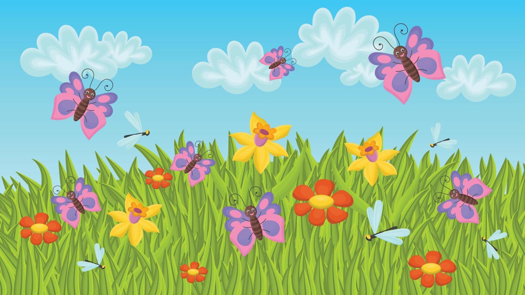 Sunny summer happy day on the meadow with grass, Narcissuses, red daisy flowers, butterflies and dragonflies with blue cloudy sky. Serene mood, bliss. vector