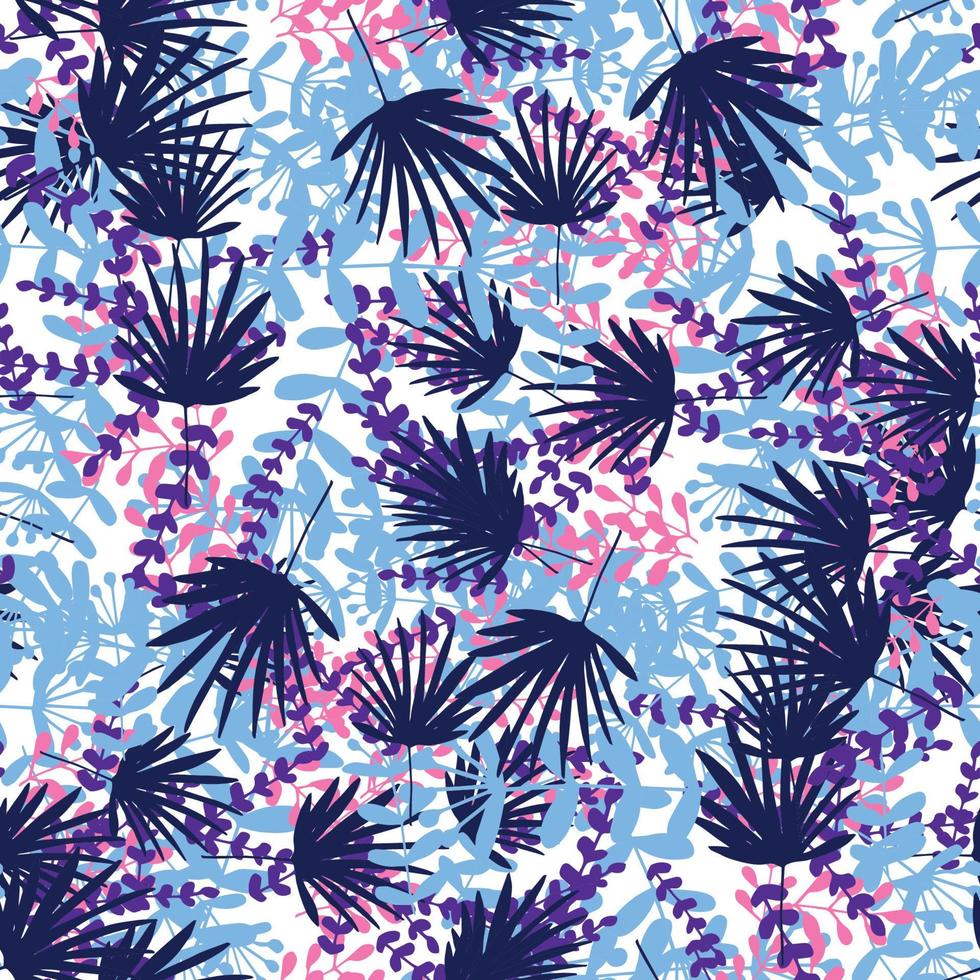 Abstract colorful doodle seamless pattern with leaves, plants, branches. Messy fantasy floral background. vector