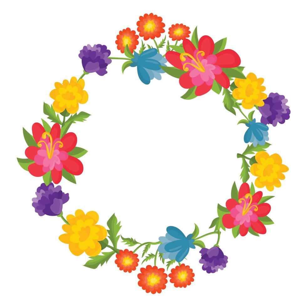 Funny cartoon flower wreath with chamomile, tulip, rose isolated on white background. Children's style. vector