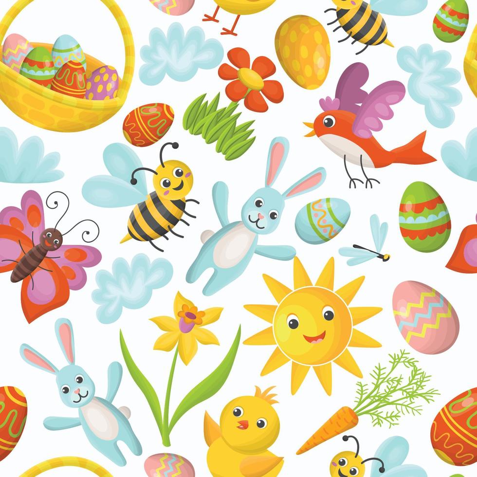 lindo patrón sin costuras de felices pascuas en el estilo plano de dibujos animados para niños. huevos ornamentales, canasta con huevos, conejo azul, mariposa, pájaro, narciso, flor, sol, pollito, abeja vector