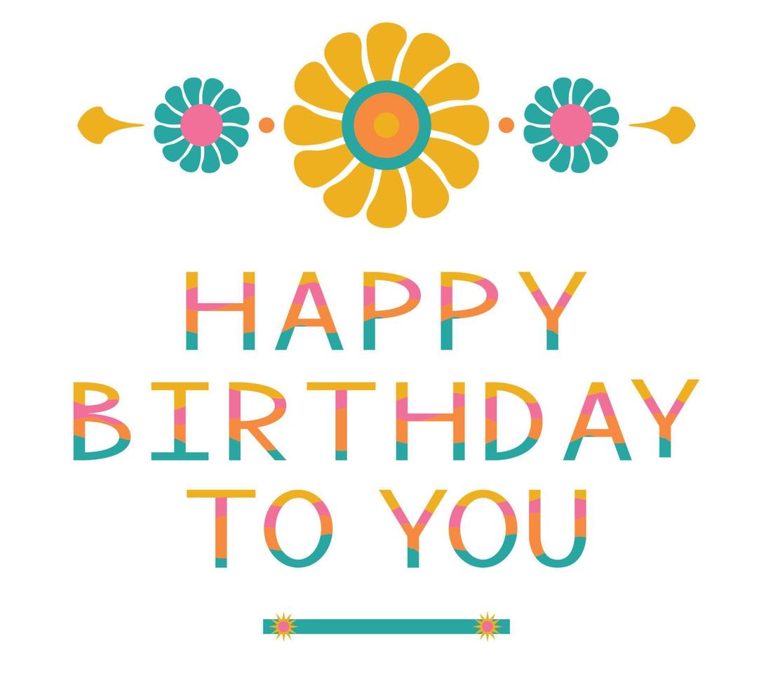 Cute Happy Birthday greeting card with wavy stripe lettering and hippie groovy flowers isolated on white background. vector