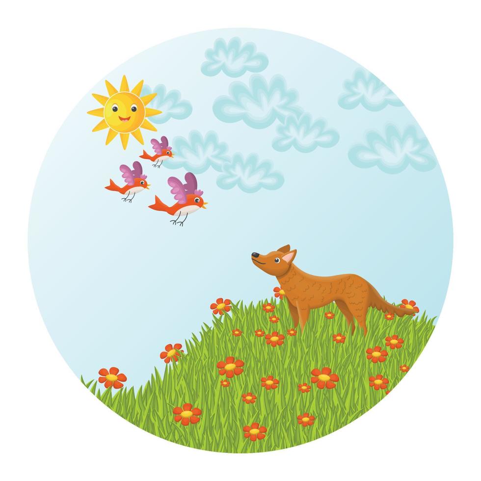 Cute happy dog looking on fluing birds in the meadow with red flowers in the sunny summer day. Round frame. Happiness concept, good mood. vector