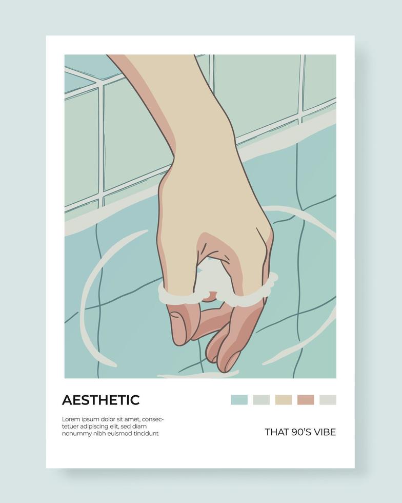 Summer swimming pool surface and hand, anime aesthetic, manga style, lazy sunday nostalgic feeling vector