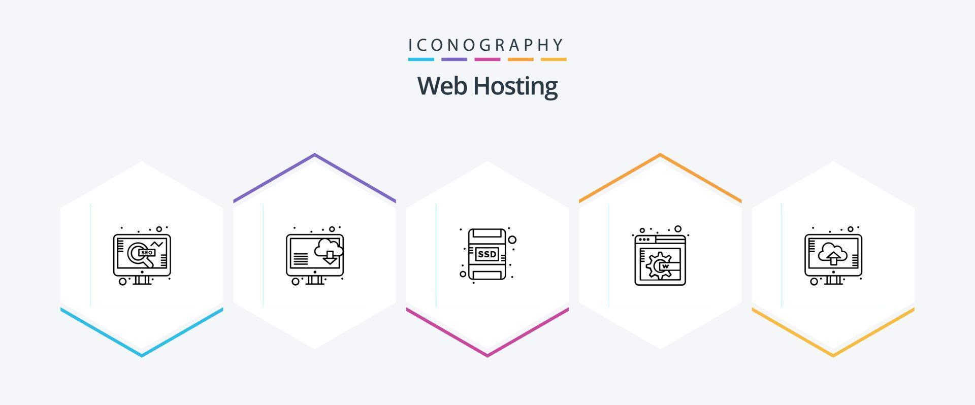 paquete de iconos de 25 líneas de alojamiento web que incluye . subir. tarjeta de memoria. almacenamiento. nube vector