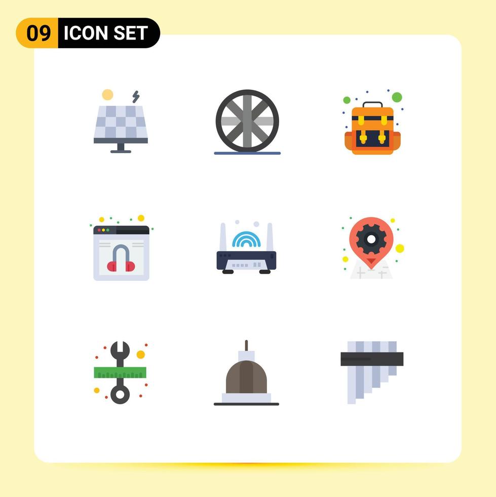 9 concepto de color plano para sitios web móviles y aplicaciones enrutador de engranajes servicio electrónico de viaje elementos de diseño vectorial editables vector