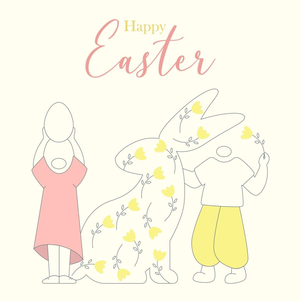 feliz tarjeta de felicitación de Pascua. personajes de ilustración minimalista de caza de pascua. ilustración vectorial para diseño de moda, póster moderno, plantilla vector