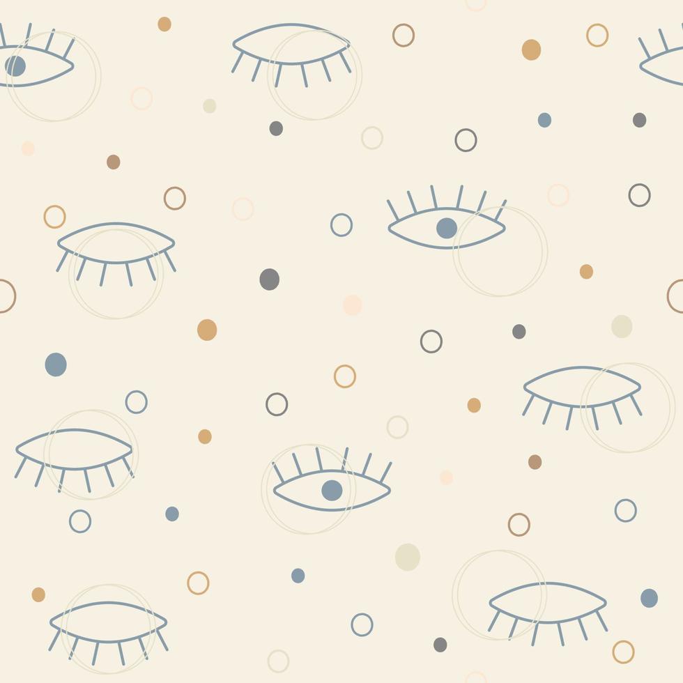 Vector hand drawn eye doodles seamless pattern on beige background, modern design, geometric shapes