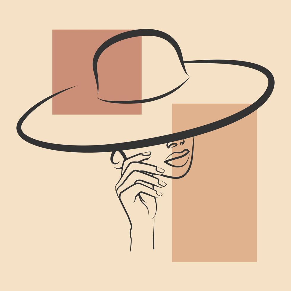 mujer de diseño de logotipo de belleza en ilustración de sombrero. diseño cuadrado para decoración, impresión, tarjeta, fondo. ilustración vectorial vector