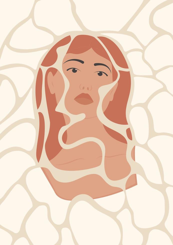 Collage of young white woman face in blobs. Illustration in minimalistic style. Vector print poster art