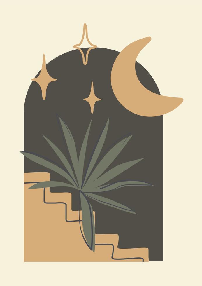 ilustración abstracta minimalista moderna. decoración de pared de estilo bohemio. escalera geométrica simple, estilo marroquí, sol, luna y estrellas vector