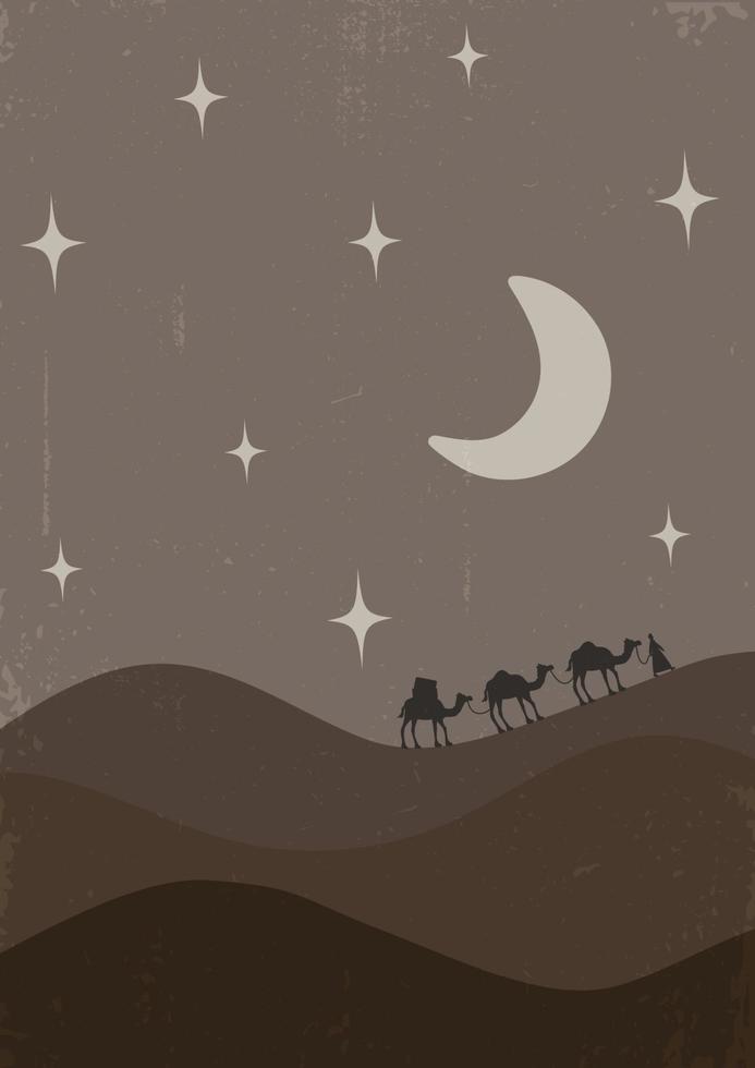 Caravan in night with camels in desert with dune on background. Vector illustration