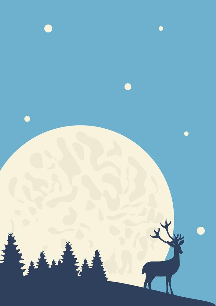 Forest in night landscape illustration poster. Wildlife - modern vector illustration with hand drawn raindeer and moon