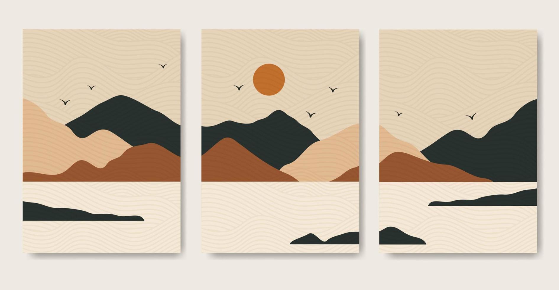 conjunto abstracto de afiches de paisaje de montaña boho. fondo de textura boho moderno vector