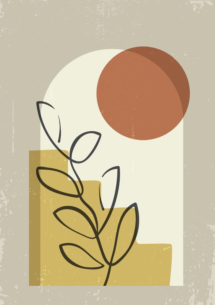 Botanical wall art vector illustration. Earth tone boho line art drawing with abstract shapes