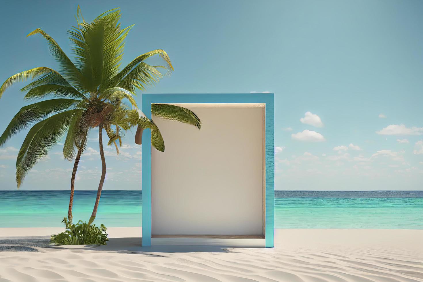 Summer tropical background, Podium on sand beach on sea background photo