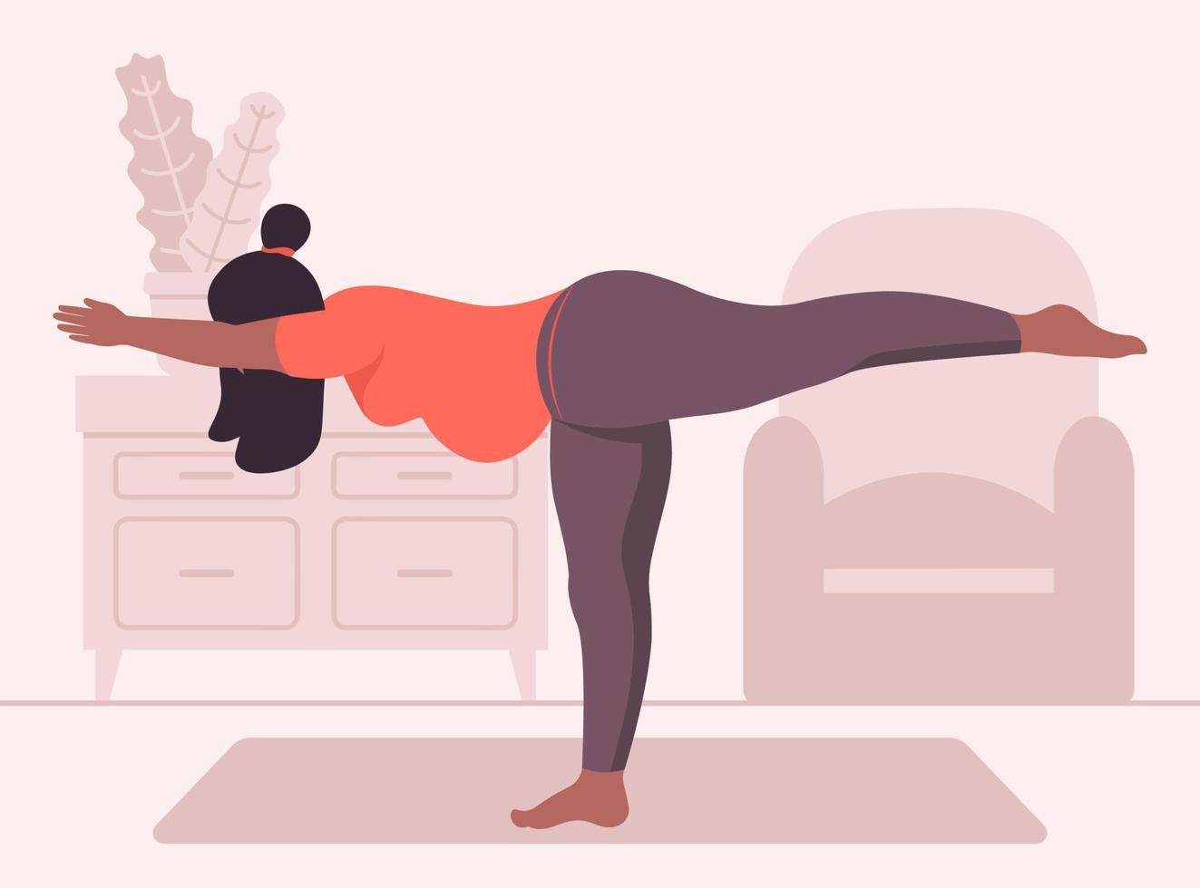 Black Skin Pregnant Woman Doing T-Pose Yoga At Home Vector Illustration In Flat Style