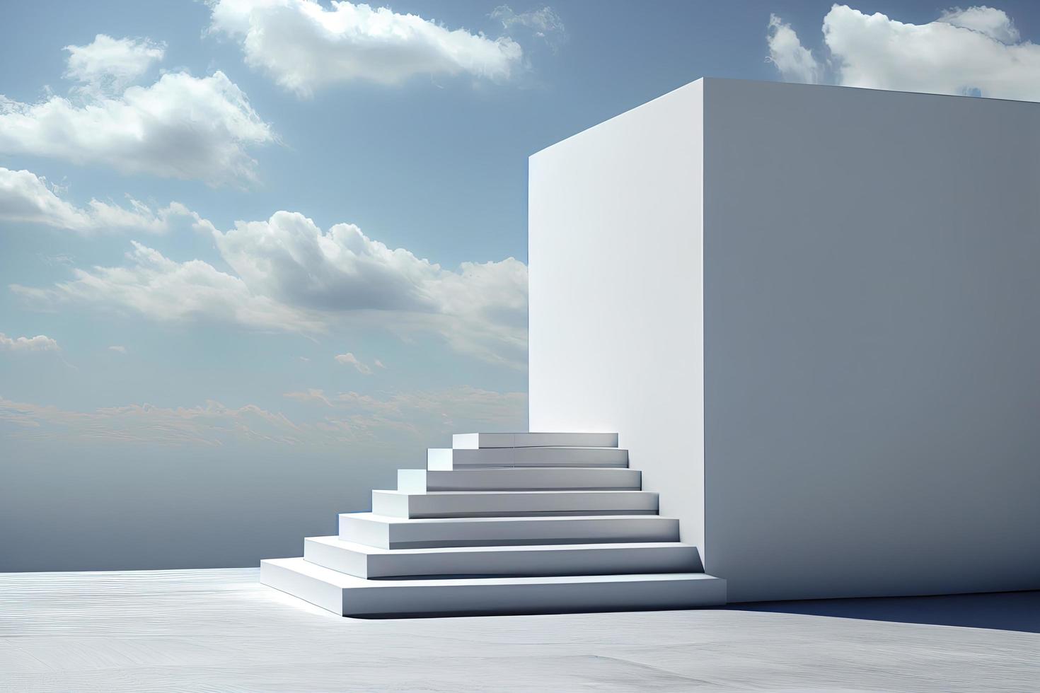 Front view of white podium and stairway with blank space in blue cloudy sky background photo