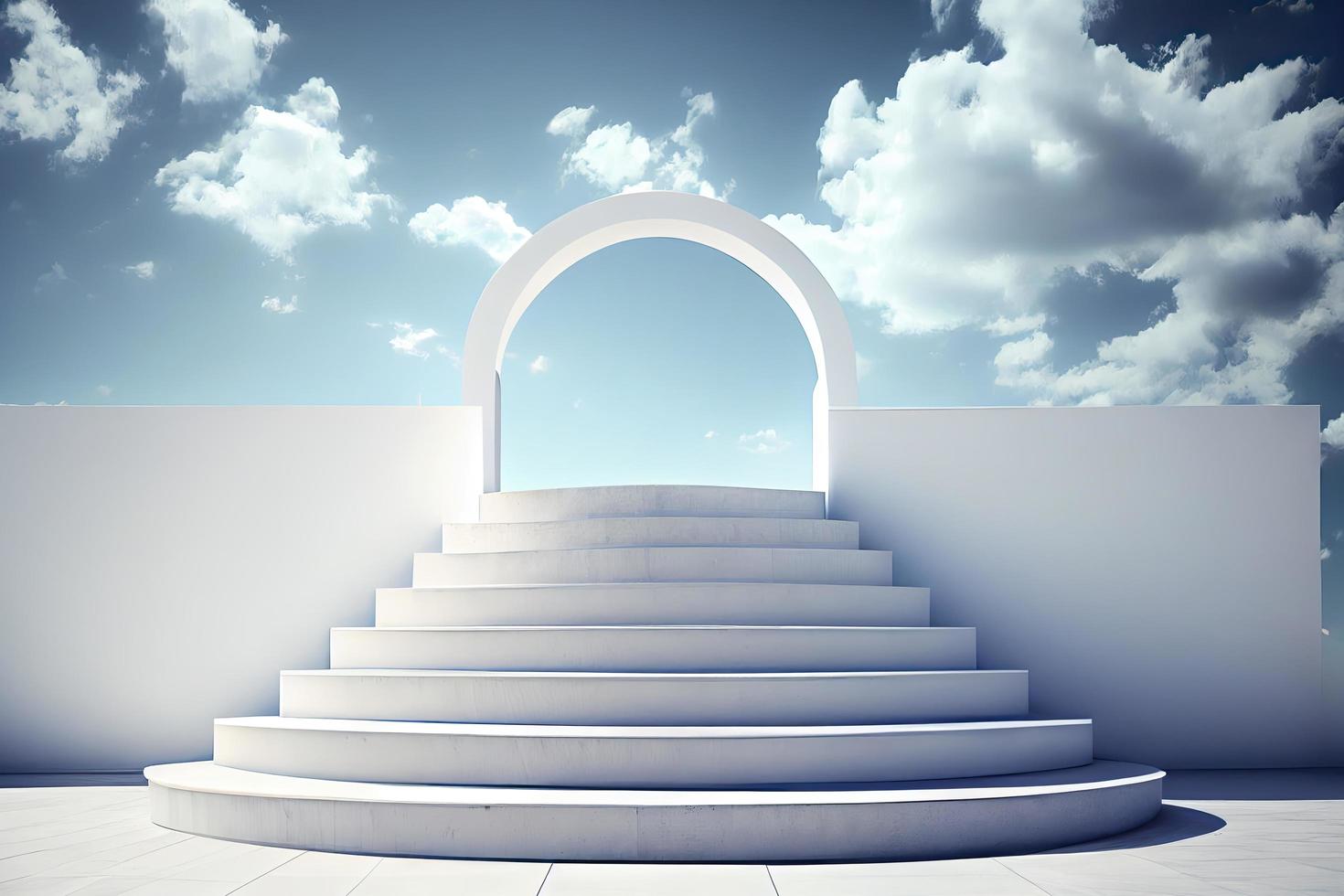 Front view of white podium and stairway with blank space in blue cloudy sky background photo