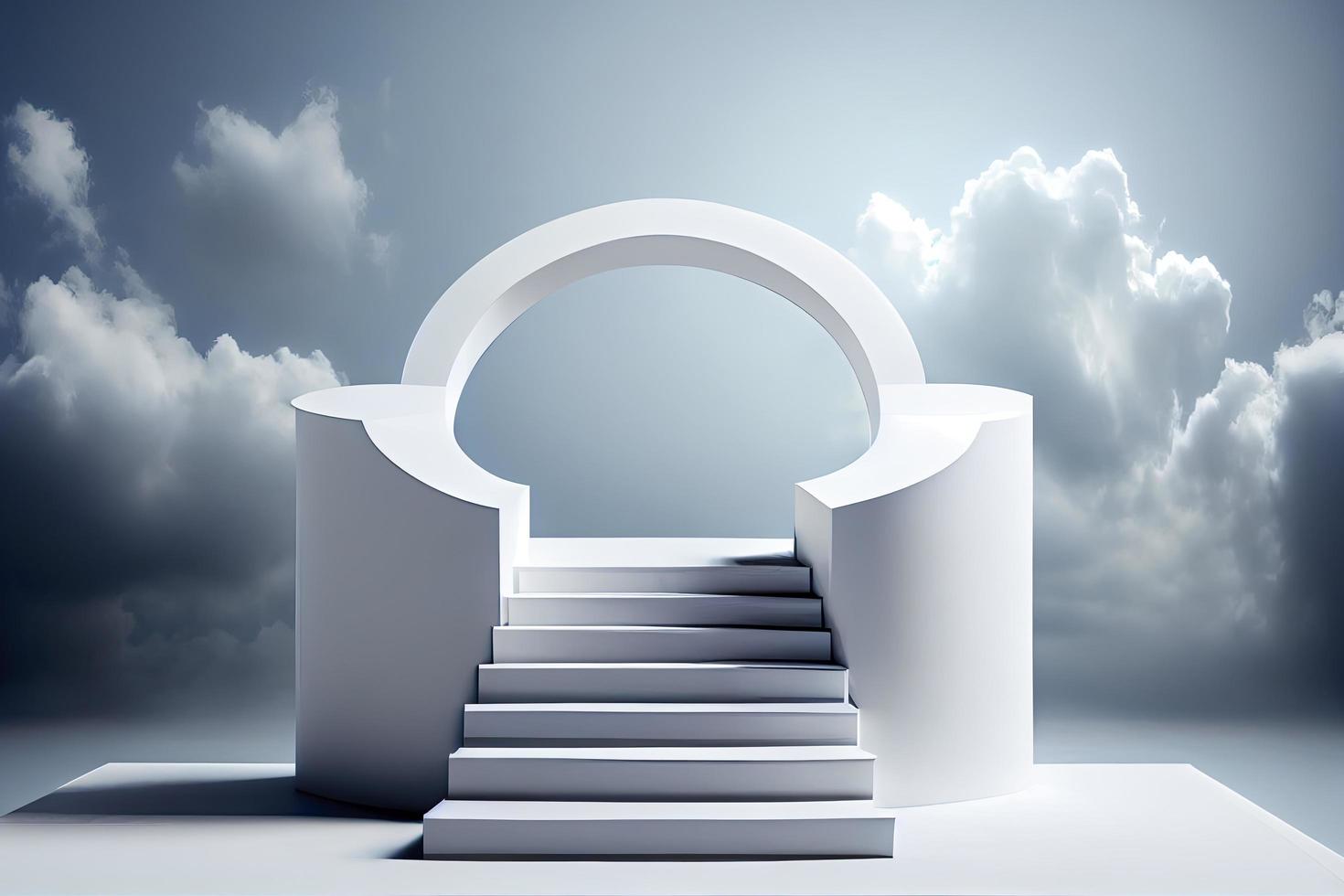 Front view of white podium and stairway with blank space in blue cloudy sky background photo
