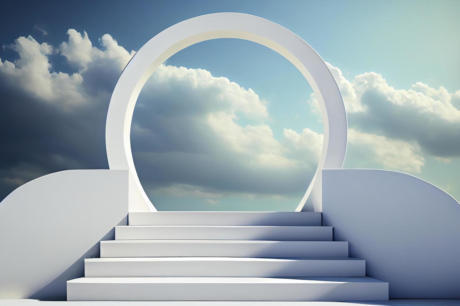 Front view of white podium and stairway with blank space in blue cloudy sky background photo