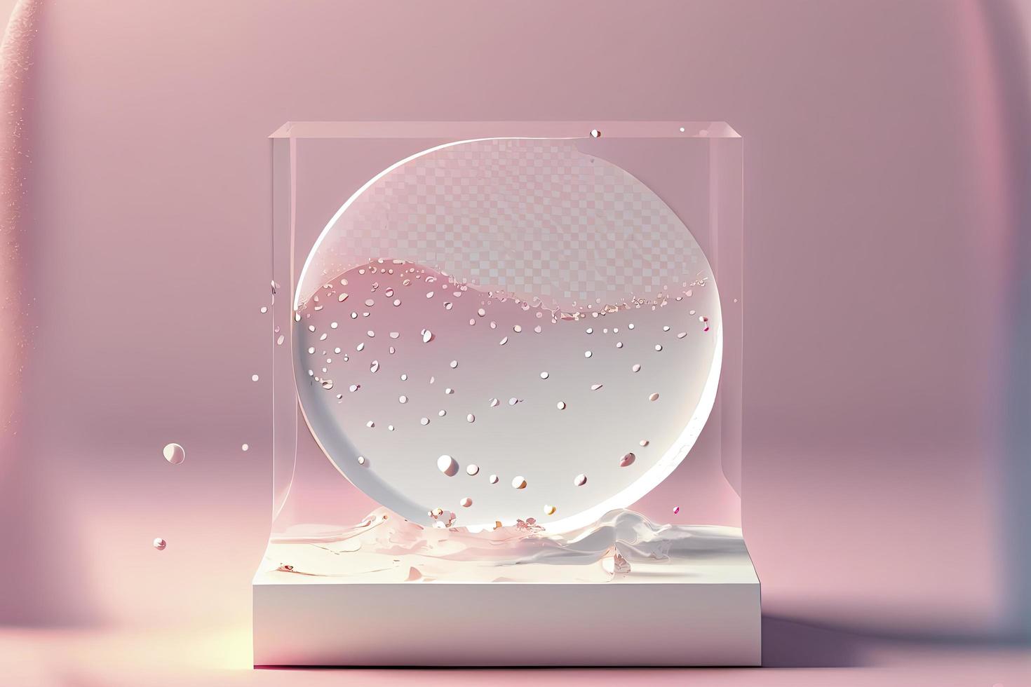 Empty white circle podium on transparent clear pink calm water texture with splashes photo