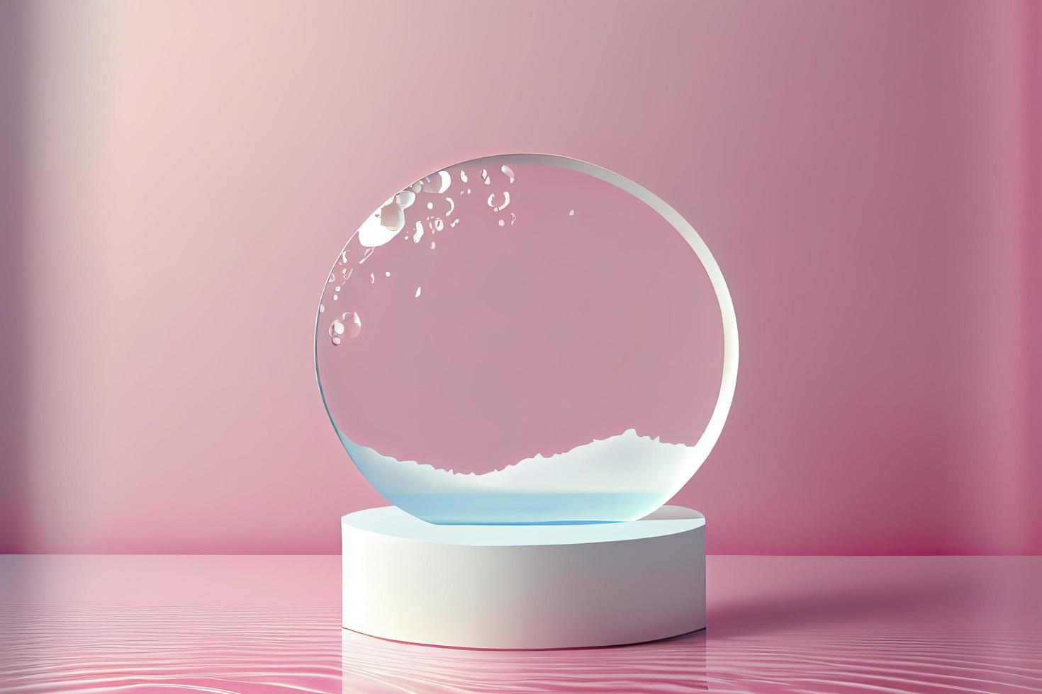 Empty white circle podium on transparent clear pink calm water texture with splashes photo