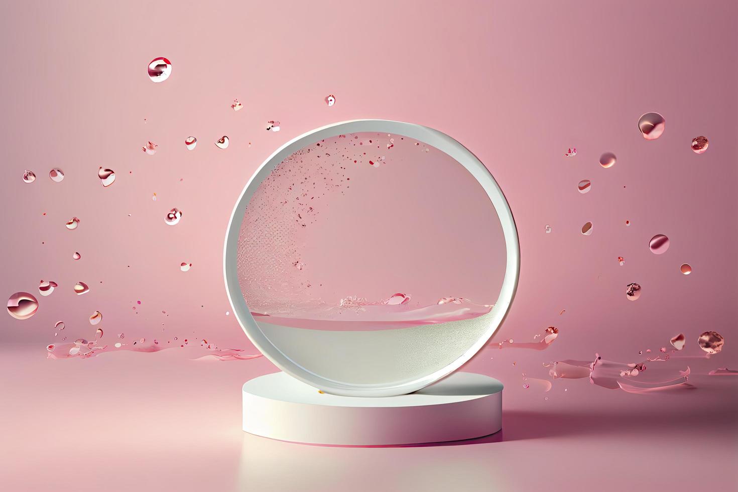 Empty white circle podium on transparent clear pink calm water texture with splashes photo