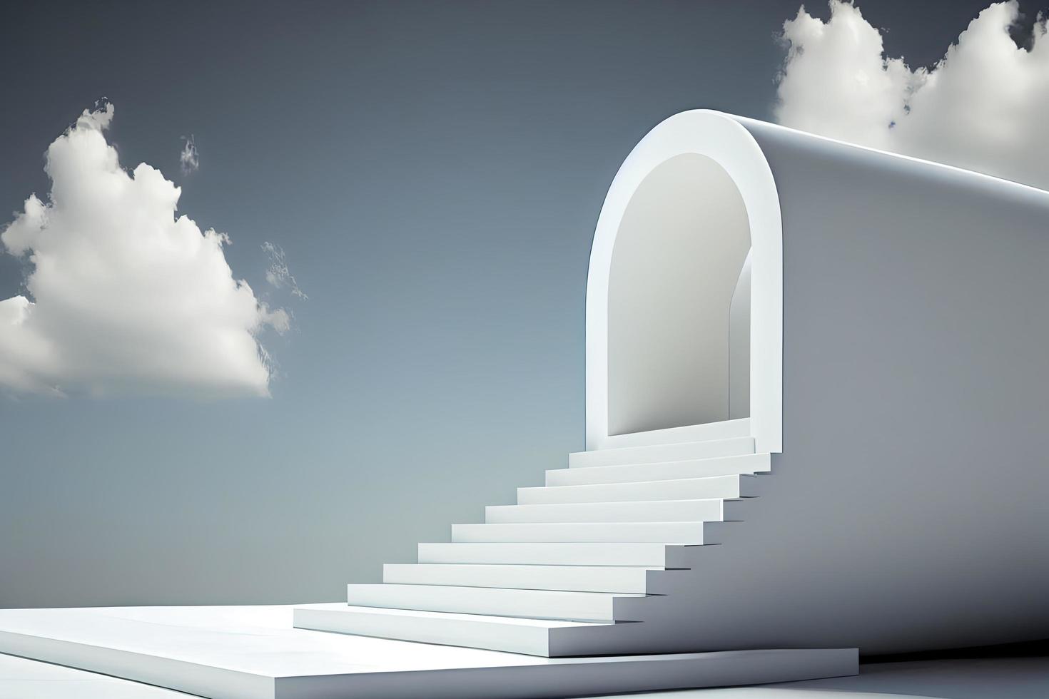 Front view of white podium and stairway with blank space in blue cloudy sky background photo