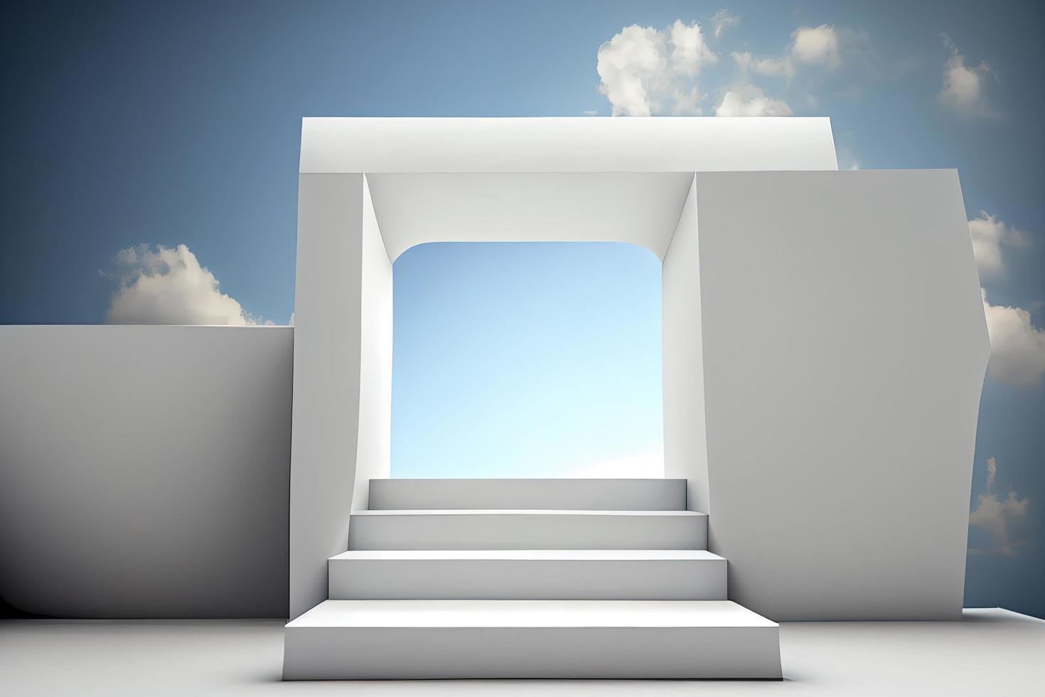 Front view of white podium and stairway with blank space in blue cloudy sky background photo