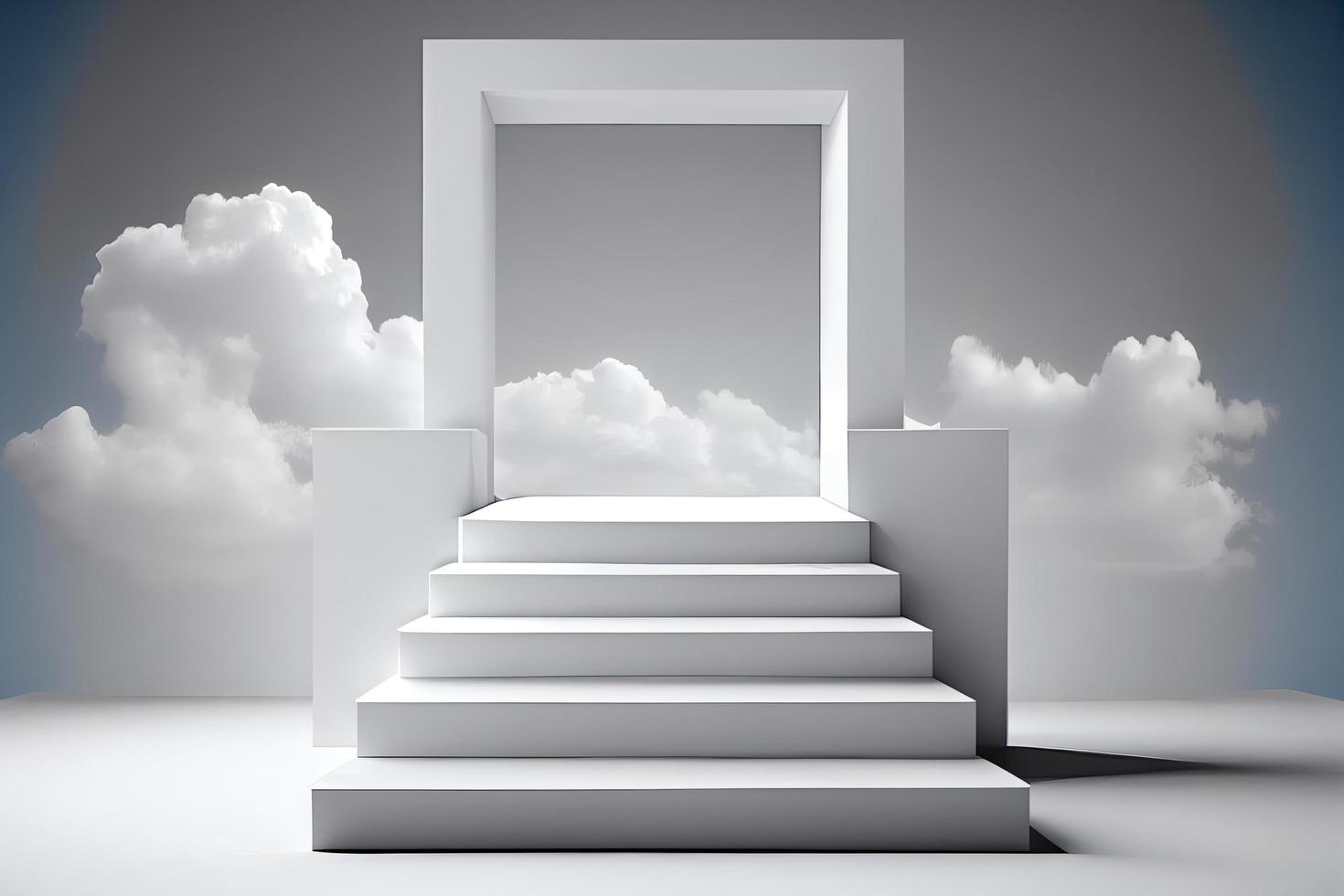 Front view of white podium and stairway with blank space in blue cloudy sky background photo