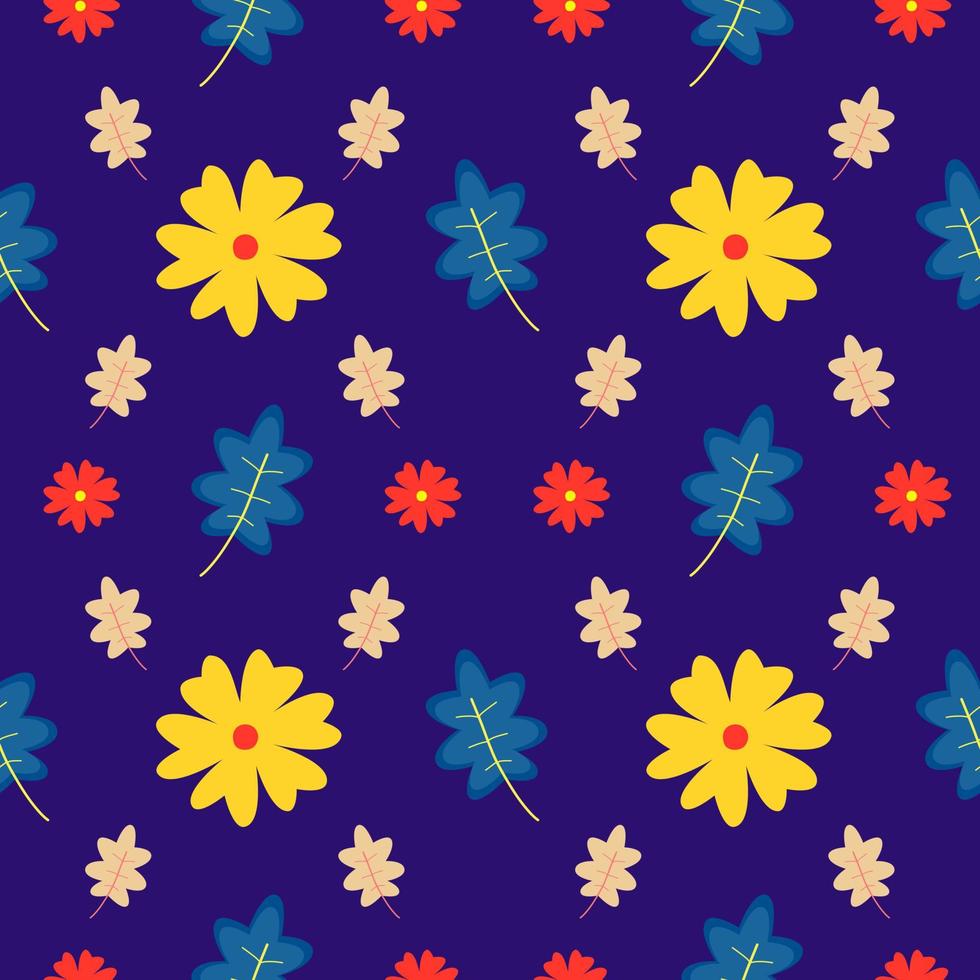 Seamless Pattern of Colorful Flower and Leaf with Dark Blue Background vector