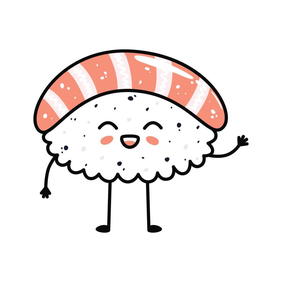 Kawaii sushi mascot in cartoon style. Cute nigiri with salmon for menu vector