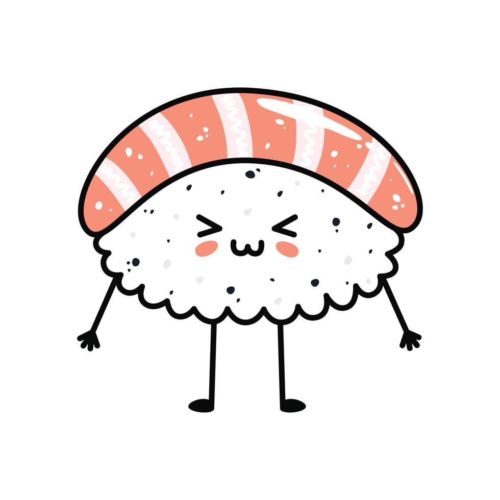 Kawaii sushi mascot in cartoon style. Cute nigiri with salmon for menu vector