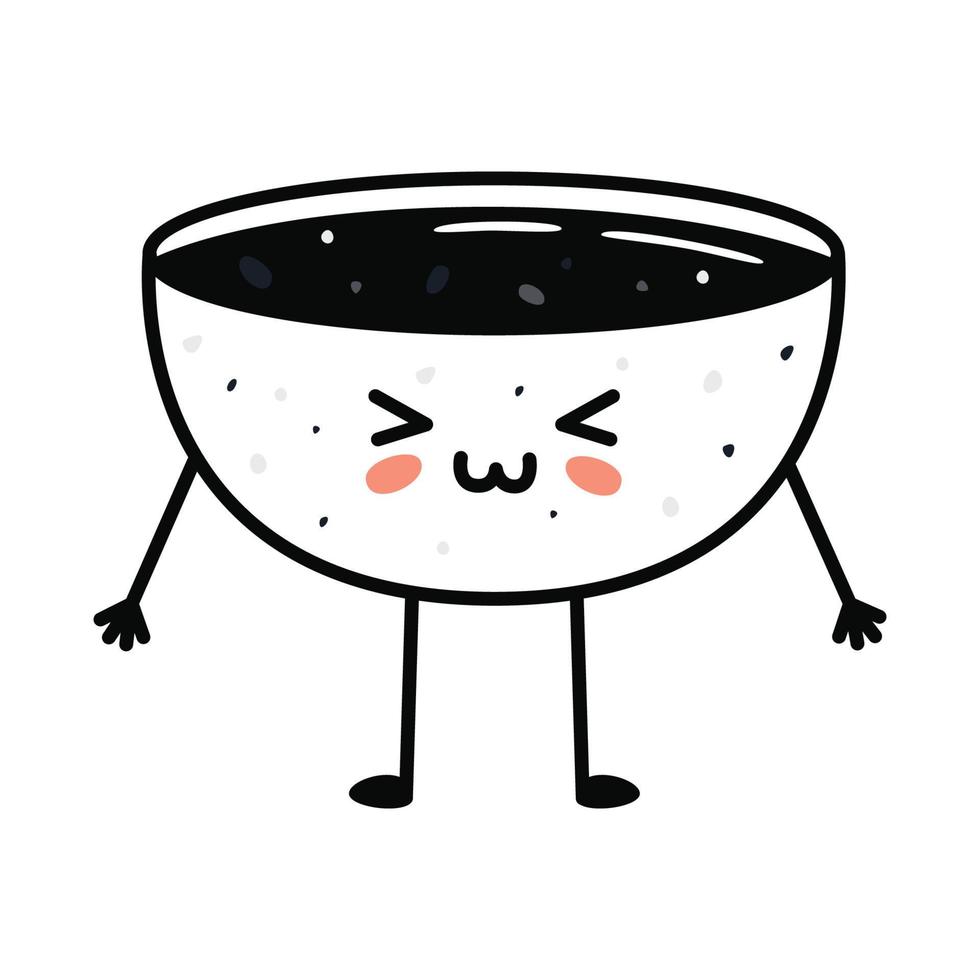 mascota de sushi kawaii en estilo de dibujos animados. lindo tazón de salsa de soja para el menú vector