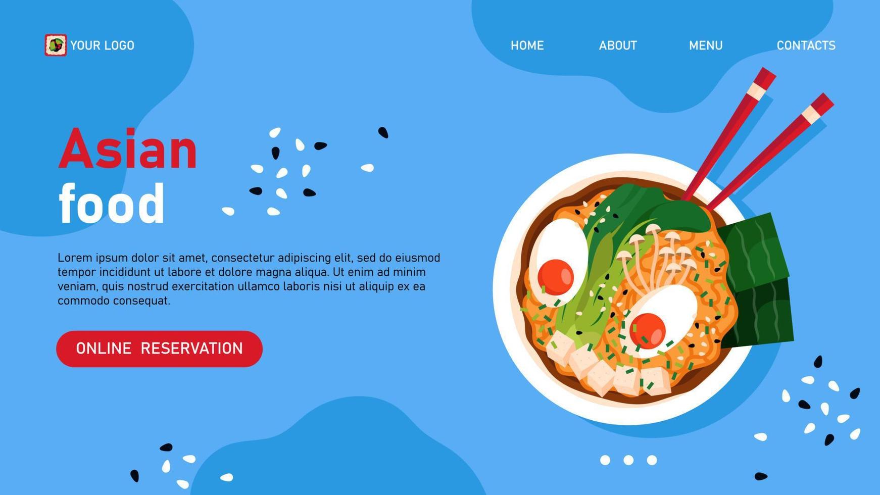 Online reservation in asian restaurant web banner. Japanese ramen on blue background. vector