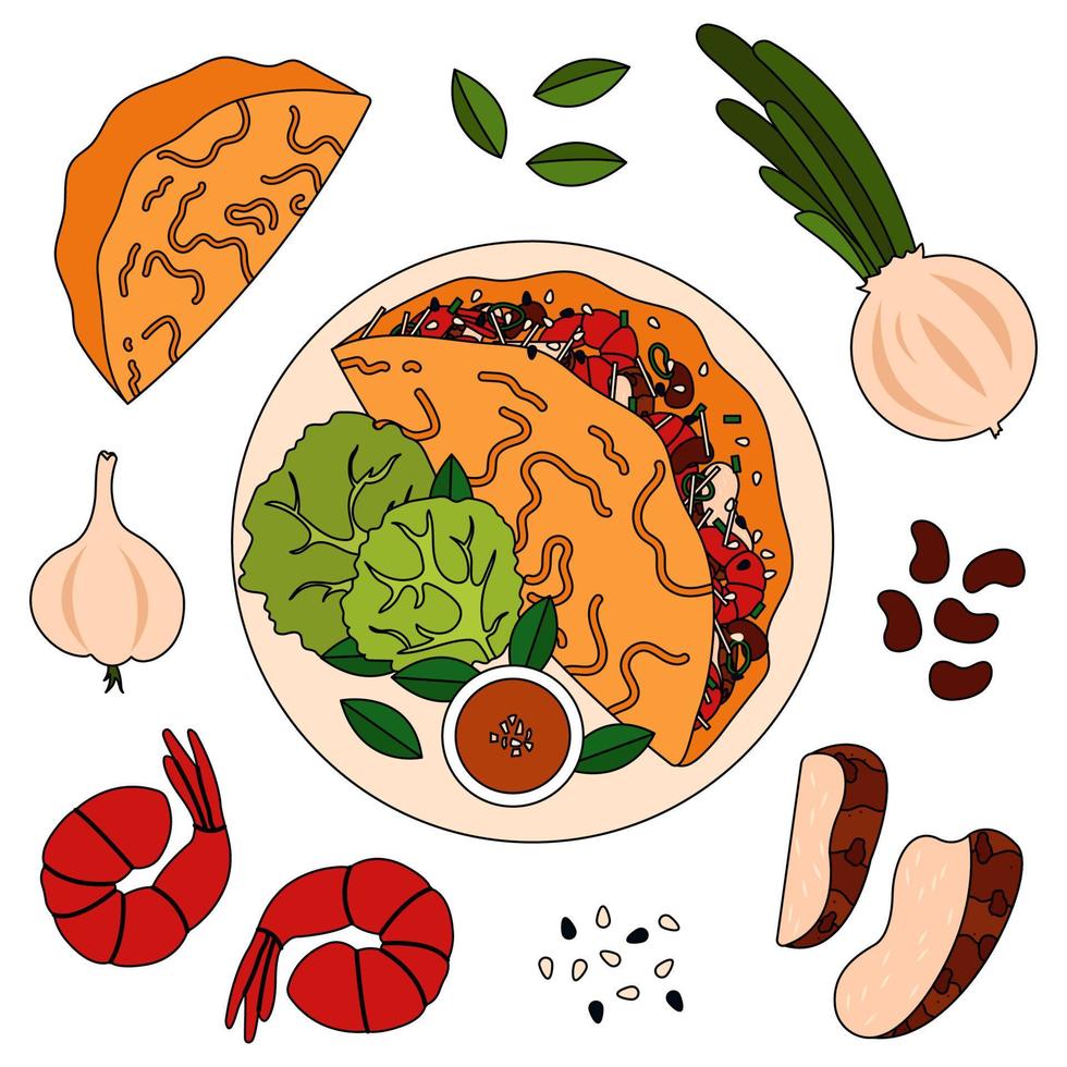 Banh xeo recipe with ingredients -  shrimps, meat, rice pancake, onion and beans. vector