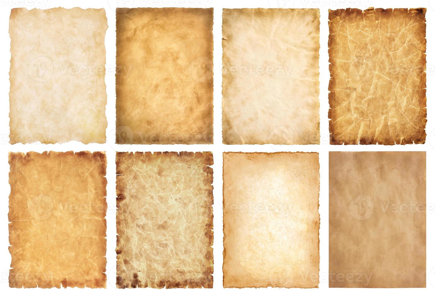 collection set old parchment paper sheet vintage aged or texture isolated on white background photo