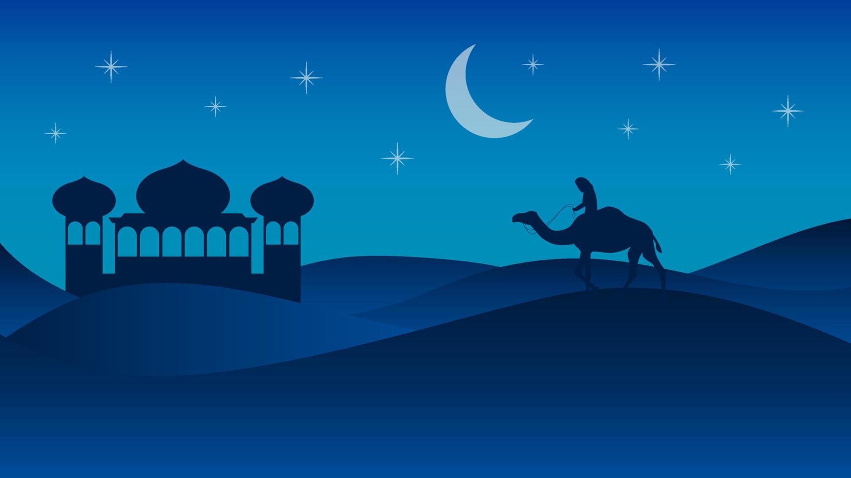 Horizontal desert poster at night with mosque and camels in the background. isra mi'raj poster vector