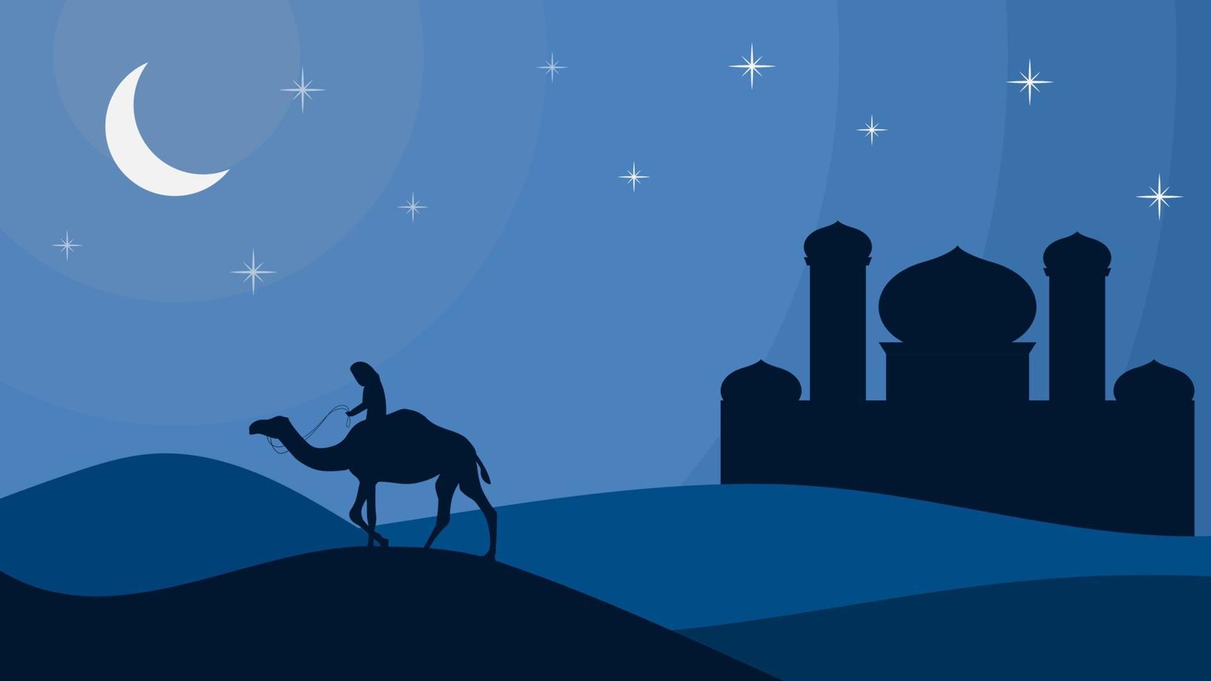 Islamic poster with desert and mosque background. poster of people going on a night journey vector